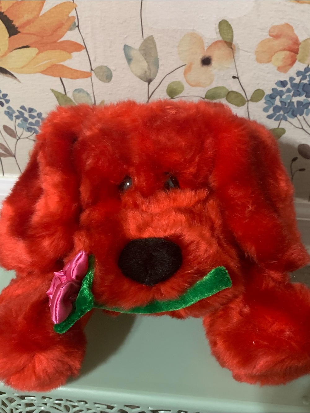 DanDee Vintage Red Plush Dog with Pink Rose